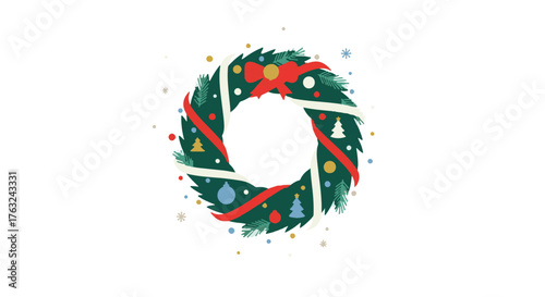 Festive Christmas wreath with a red bow and ornaments. A decorative flat vector illustration for the winter holiday season