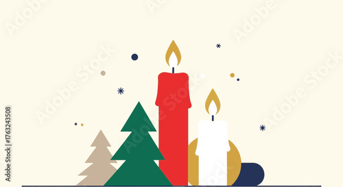 Minimalist Christmas celebration concept with burning candles and pine trees in a modern flat design vector style