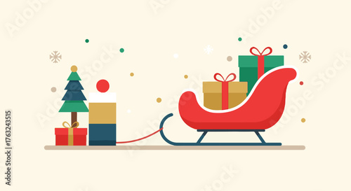 Winter holiday celebration concept with a red sleigh, Christmas tree and gift boxes in a modern flat design