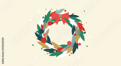 Elegant Christmas wreath with a vibrant red bow and decorative holly berries, a festive flat vector illustration for winter holidays