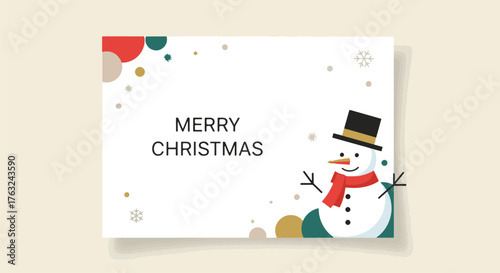 Charming Merry Christmas greeting card template with a cute snowman in a modern flat design style