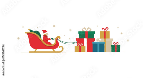 Santa Claus in his sleigh with a large pile of Christmas gifts, a festive winter holiday flat vector illustration