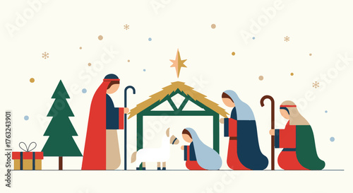 Flat design illustration of the traditional Christmas Nativity scene with Mary, Joseph, and baby Jesus in the manger