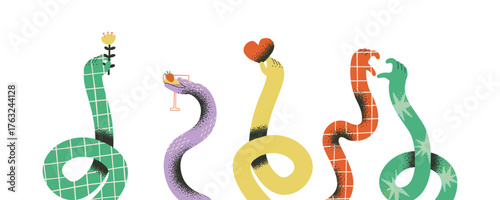 Set of flexible cartoon hands with hearts, hand with glass, hand with flower. Retro cartoon illustration in groovy style.