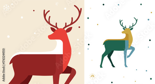 Collection of stylized reindeer in a minimalist flat vector graphic style for festive winter holiday design