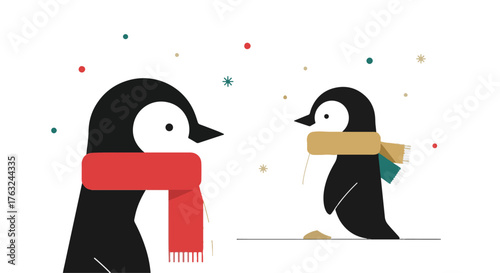 Cute pair of penguins in scarves celebrating winter holidays with a gift, a charming flat vector illustration