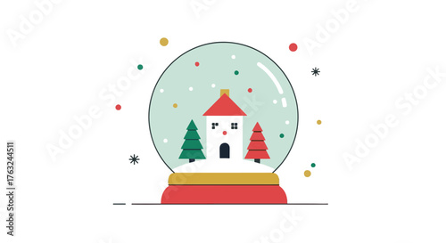 A festive flat design vector illustration of a Christmas snow globe with a cozy house and trees inside