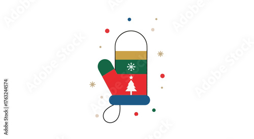 Flat vector illustration of a colorful Christmas mitten with a snowflake and tree design for the holiday season