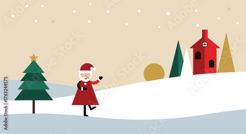 Flat design vector illustration of Santa Claus waving in a snowy winter Christmas landscape with a red house