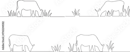 A set of Cow eating grass one continuous line art, Vector illustration, One line art, Line art graphic style