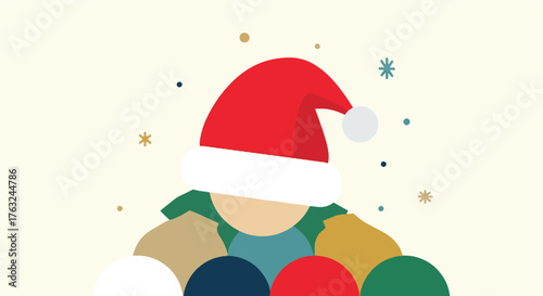 Flat vector illustration of a diverse community celebrating the Christmas holidays together with one person in a Santa hat