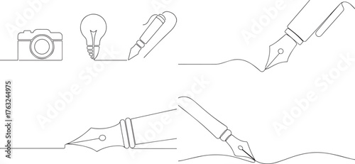 A set of Ball pen writing on a paper one continuous line art, Vector illustration, One line art, Line art graphic style 