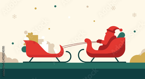 A festive illustration of a traditional Christmas figure riding his sleigh full of gifts, a minimalist flat vector graphic