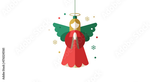 Hanging Christmas angel decoration with halo and wings. A festive winter holiday flat vector illustration on a white background