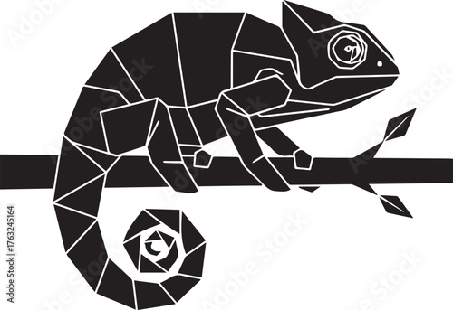 Polygonal reptile illustration of a chameleon perched on a twig, isolated on a white background
