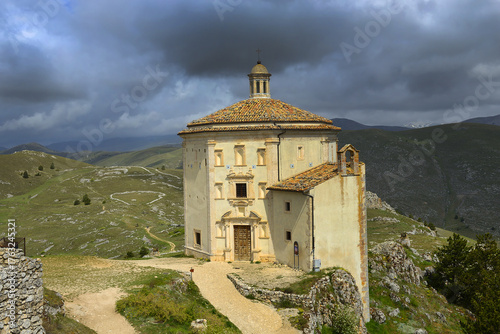 Rocca Calascio: Church of Santa Maria della Pietà. View from the medieval castle. Queen of the Gran Sasso. Nestled in the heart of the Gran Sasso and Monti della Laga National Park,  Abruzzo, Italy
