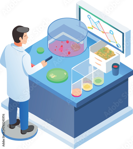 Isometric Laboratory Research Illustration with Scientist, Data, and Experiment Equipment