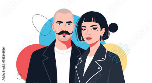 Stylish couple portrait in modern fashion looking forward.