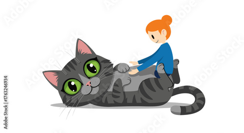 Girl petting a gray cat on its belly happy moment.