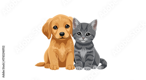 Adorable puppy and kitten sitting together looking at camera.