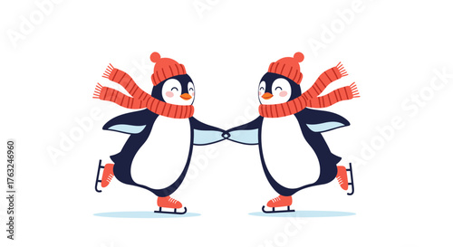 Two adorable penguins ice skating together in winter.