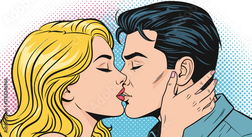 Romantic Kissing Couple in Pop Art Style Illustration.