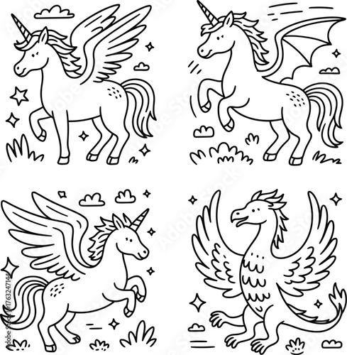 Whimsical mythical creatures doodle bundle featuring enchanting unicorns and magical animals isolated on white background