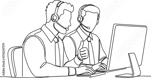 A line art illustration depicting two call center agents wearing headsets and working together at a computer. The image is a simple, clean line drawing with no color.
