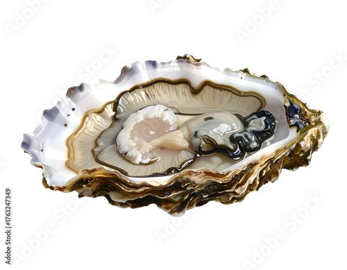 Raw oyster meat revealed in a shell, detailed, with textured shell ridges