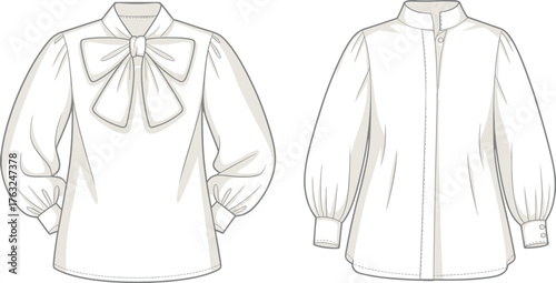 Blouse fashion sketch, puff sleeve design, bow neckline, zipper front, cuff detail, loose fit, CAD drawing flat vector illustration