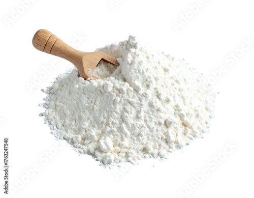 Pile of white powder with a wooden scoop nestled within, against a dark backdrop