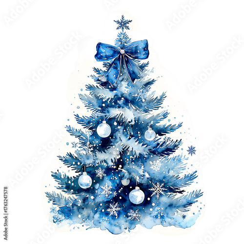 a delicate watercolor painting depicts a blue christmas tree adorned with silver ornaments and snowflakes, topped with a dark blue bow.