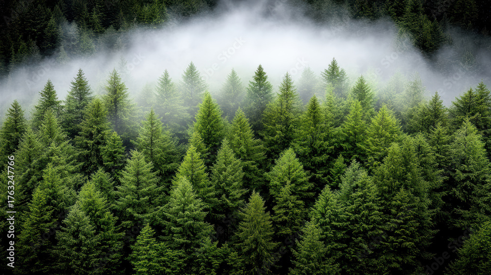 Fototapeta premium Lush green trees surrounded by soft mist create serene and tranquil atmosphere