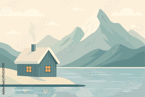 Scandinavian winter landscape: cozy cabin by the fjord with mountains and snow. Vector illustration in hygge style, serenity, relaxation, nature, winter, Norway. EPS 10