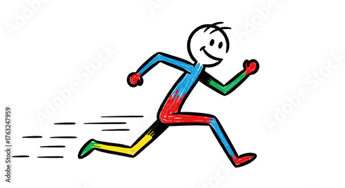 Crayon-style stickman running fast, fitness and motivation concept, cute handmade texture, white background