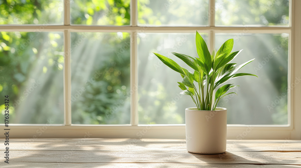 Fototapeta premium Bright green plant white pot wooden table, sunlight streaming through window, creating serene