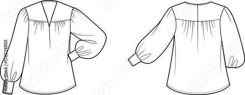 Blouse technical fashion sketch, bishop sleeve, V-neckline, gathered yoke, button cuff, curved hem, cad drawing flat vector illustration