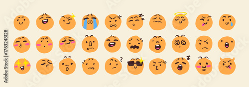 Set of doodle emojis. Funny, happy, sad, angry, crying and scared emoticons. Cute faces with different emotions and expressions. Flat isolated hand drawn vector illustrations on white background