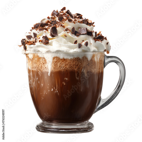 Steaming hot chocolate in clear mug topped with whipped cream and dark chocolate shavings on a solid black background