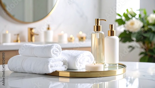 Luxurious hotel bathroom setting with white marble countertop,