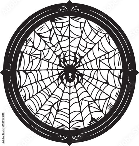 Intricate black and white vector illustration of a spider on its web, set within an ornate, gothic circular frame. A spooky and elegant design concept