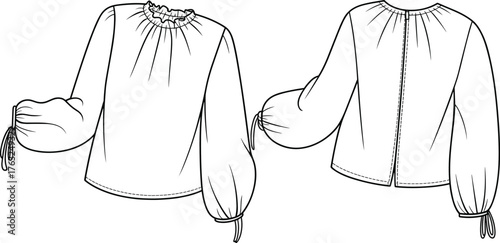 Blouse technical sketch, fashion flat illustration, puff sleeve blouse, ruffled neckline, tie cuff detail, front back view, cad drawing flat vector illustration