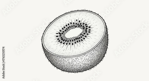 Captivating kiwi slice artwork presenting detailed lines and monochrome palette