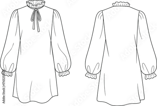 Dress technical sketch, fashion flat illustration, puff sleeve dress, ruffled neckline, tie detail, front back view, cad drawing flat vector illustration