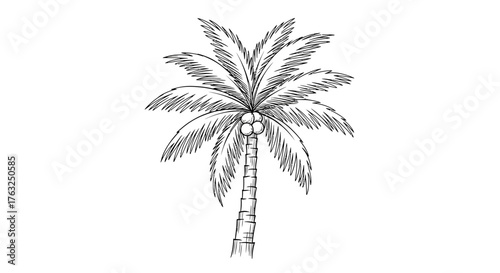 Detailed line drawing of a tropical coconut palm tree against white expanse