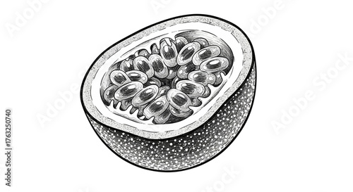 Detailed monochrome illustration of a passion fruit half, seeds visible