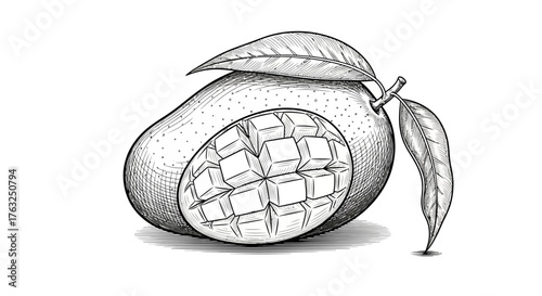Detailed pen and ink drawing of a ripe mango with carved cubes and leaves