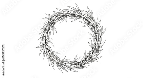 Elegant bamboo circle with intricate leaf details in monochrome illustration
