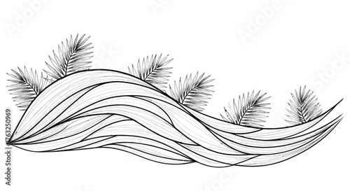Elegant botanical line art illustration of flowing waves with palm fronds