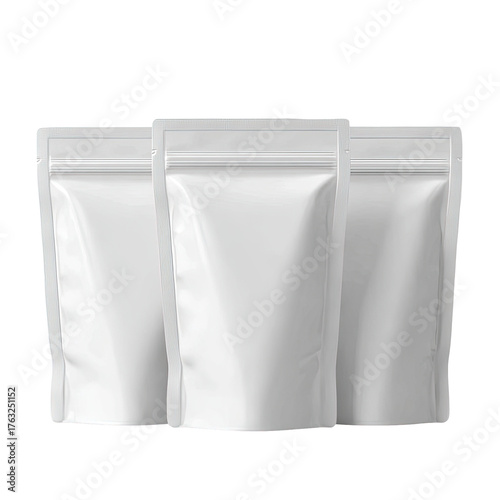 Three white stand-up pouches with ziplock closures arranged close together against a black background